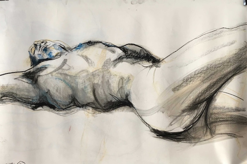 A drawing of a man lying down