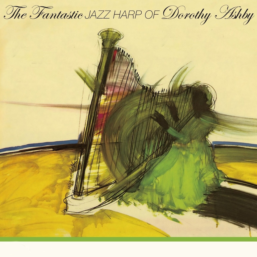 An acrylic, abstract painting of Dorothy Ashby playing her harp