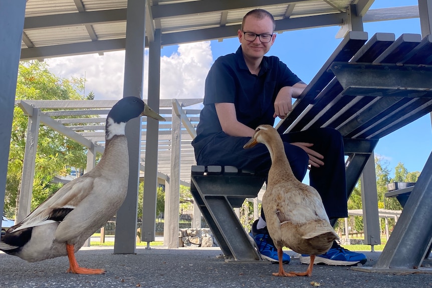 Ben with ducks at a park bench.