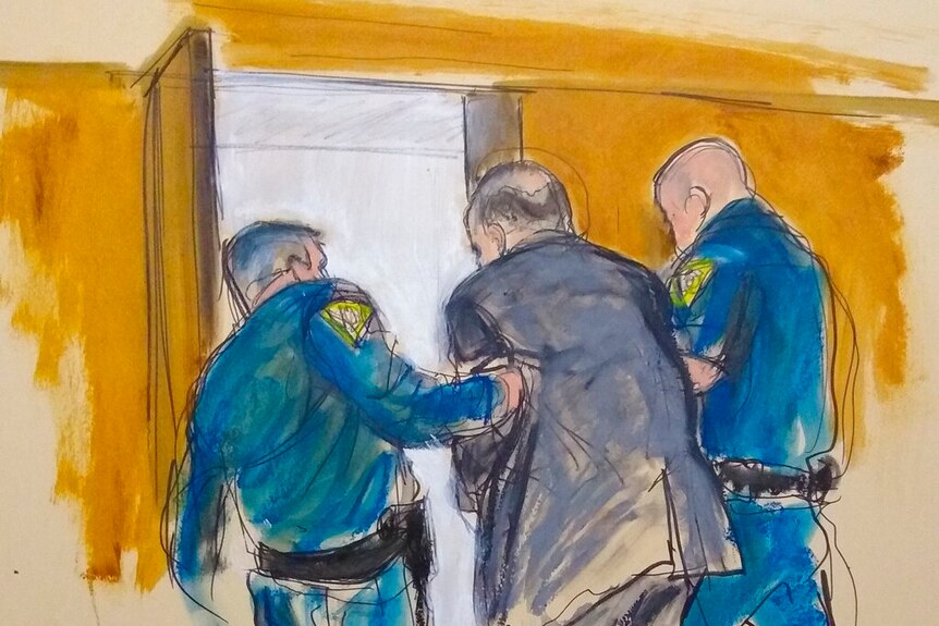A sketch of Weinstein as he's being taken out of the court room by officers on each side.