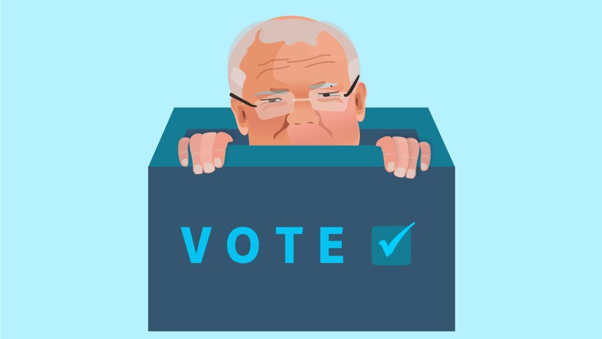 A cartoon version of Scott Morrison's face peeks out of a blue box that says "VOTE" on it.