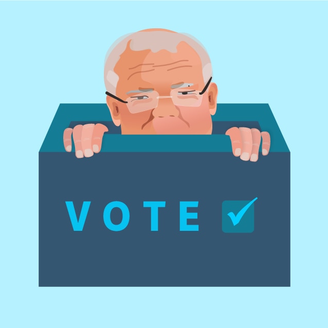 A cartoon version of Scott Morrison's face peeks out of a blue box that says "VOTE" on it.