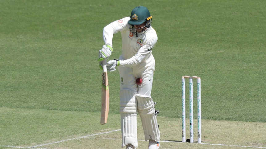 Usman Khawaja cops a ball to the groin against India