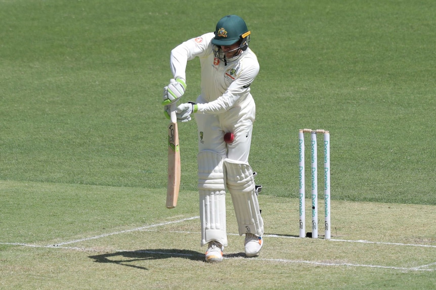 Usman Khawaja cops a ball to the groin against India