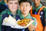 Three young boys in Scouts uniforms hold a sausage sandwich.