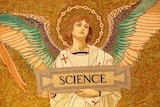 Image of an angel holding a placard with the word 'science' on it