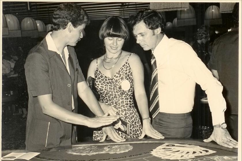 The NT's first Deputy Chief Minister Marshall Perron (R) at the opening of Darwin's casino in 1979.