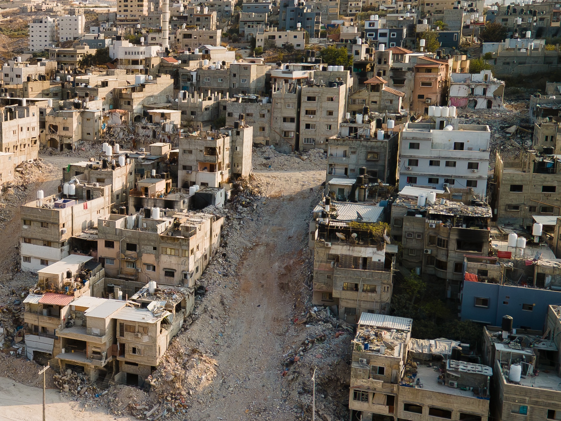 A drone view of buildings and roads in Nur Shams camp in the occupied West Bank.