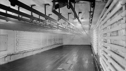 One of the large freezing chambers of the West Australian Meat Exports Company works at Robb Jetty, 1935.