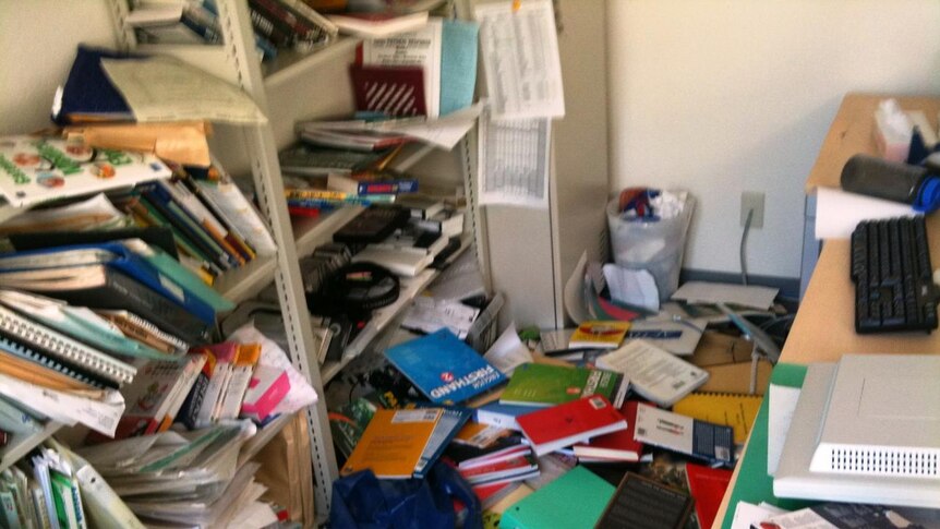 The inside of Dominic Jones' office after the quake struck