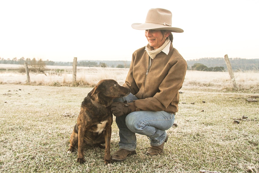 A woman crouches with her working dog.