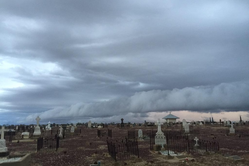 Storm clouds rolling in over Longreach cemetery on Tuesday afternoon.