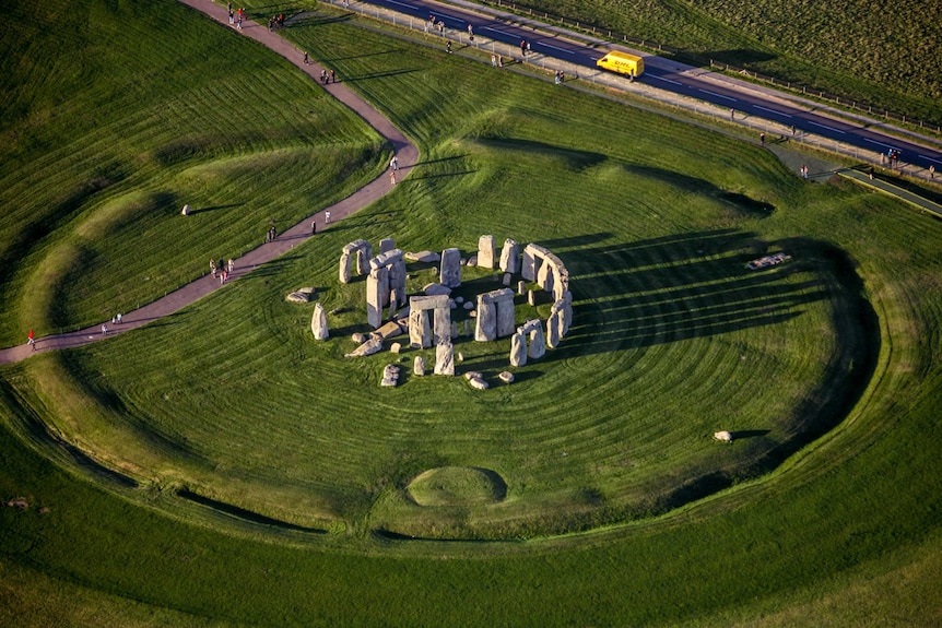 An aerial photograph of the stone circle know as Stonehenge.