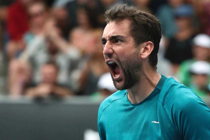 Marin Cilic screams after winning his Australian Open match against Benoit Paire.