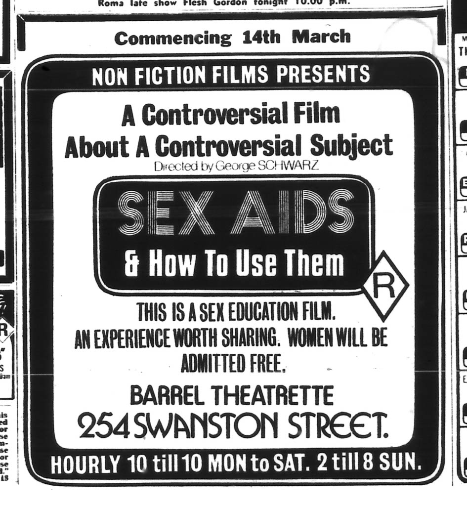 Newspaper advertisement for the premiere of Sex Aids And How To Use Them 