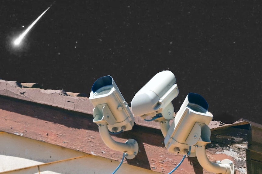 A set of cameras pointed upwards, with a night sky and meteor behind