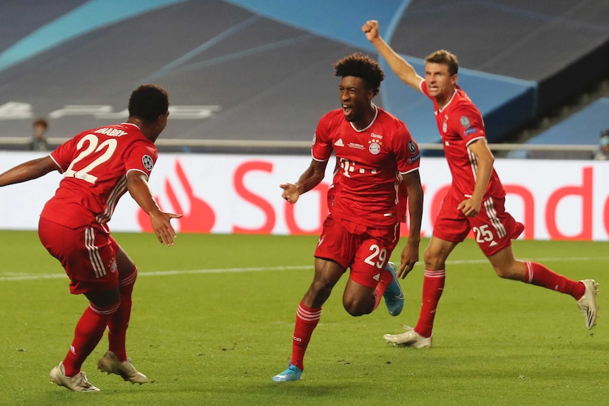 Bayern Munich's Kingsley Coman shouts with teammate Serge Gnabry and Thomas Mueller during the Champions League final.