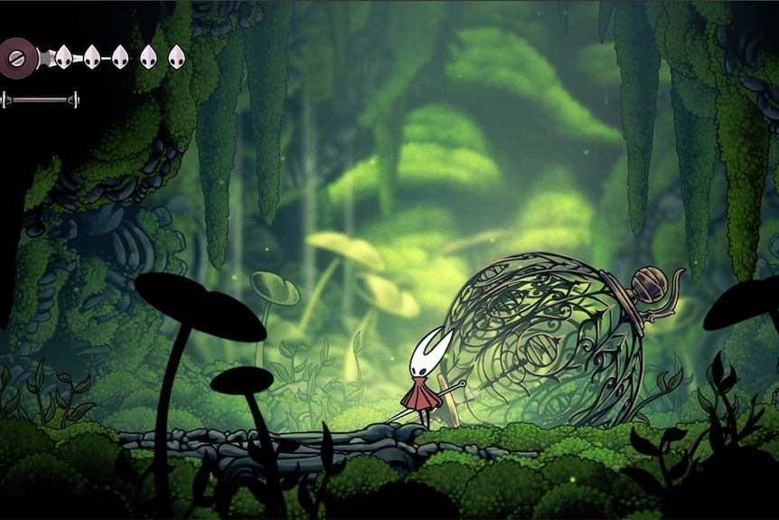 A 2D video game of a small sword-wielding figure standing in a wild garden.