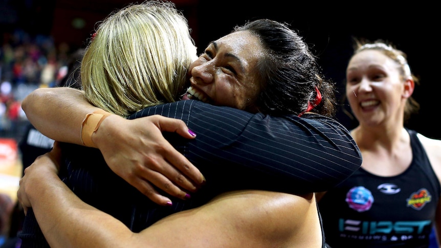 Magic player Julianna Naoupou celebrates after the Magic semi-final win over the Thunderbirds.