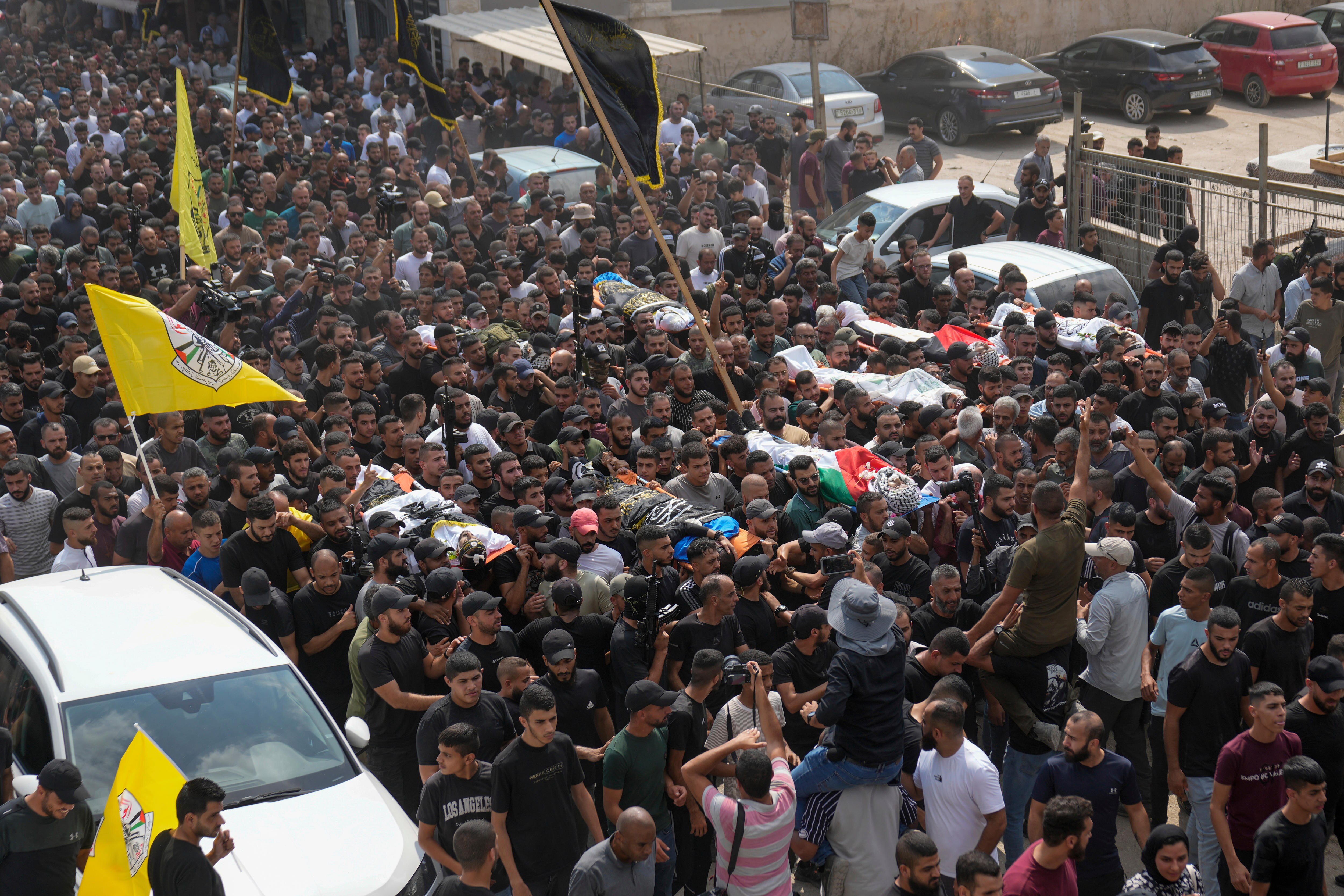 A crowd of people, dotted with cars and flags.