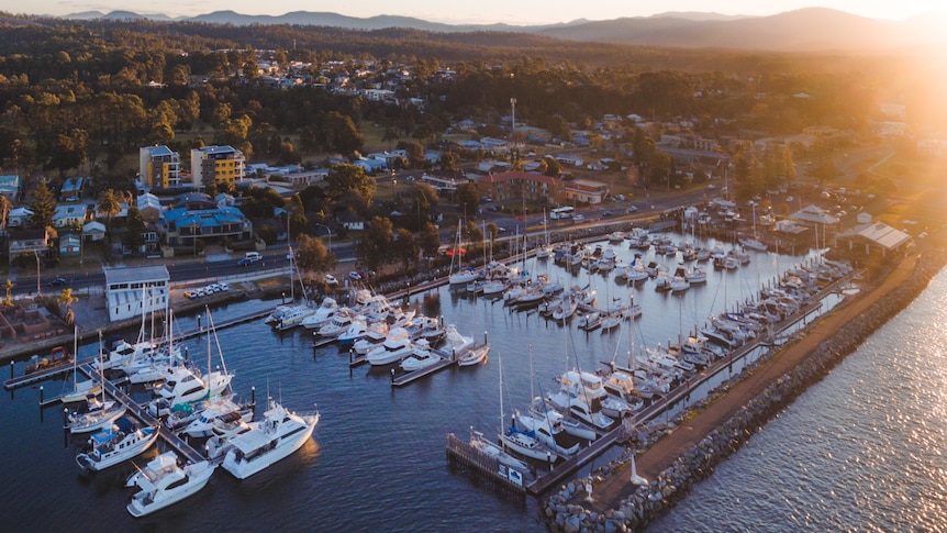 A drone shot of a marina.