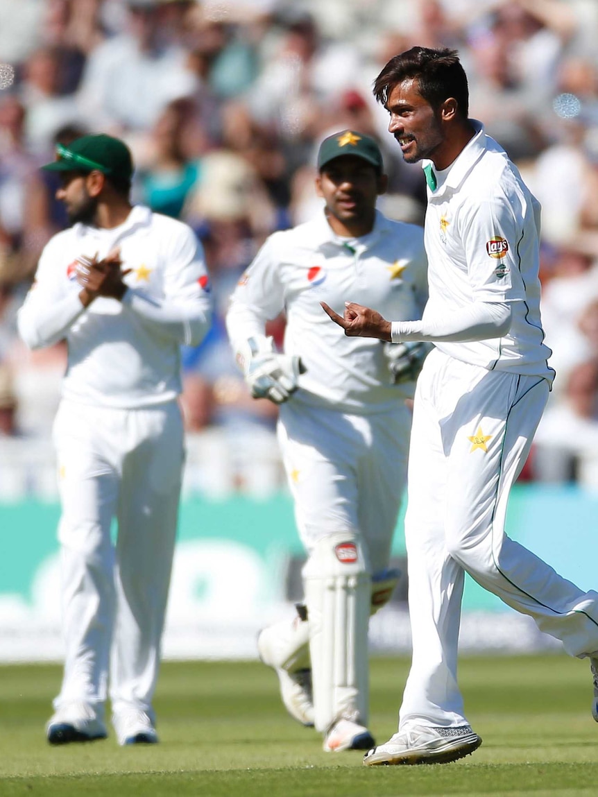 Pakistan's Mohammed Amir celebrates a wicket against England