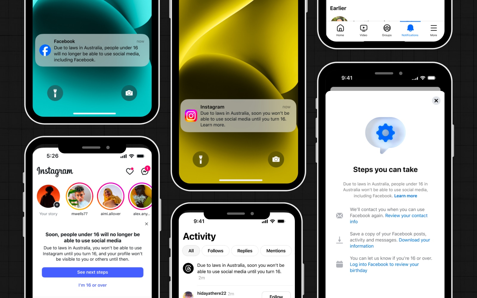 A graphic of phone screens showing in-Meta app notifications about the social media ban