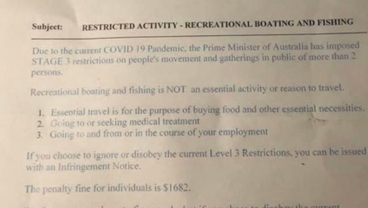 letter saying people fishing will be given a $1682 fine