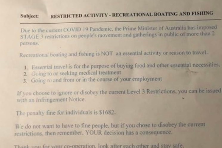 letter saying people fishing will be given a $1682 fine