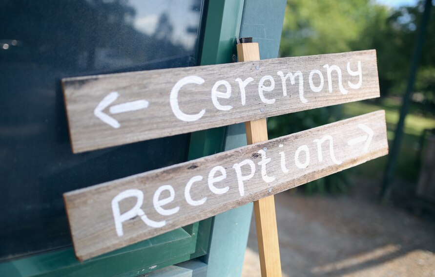 Wedding ceremony and reception sign