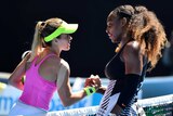 United States' Serena Williams, right, is congratulated by compatriot Nicole Gibbs