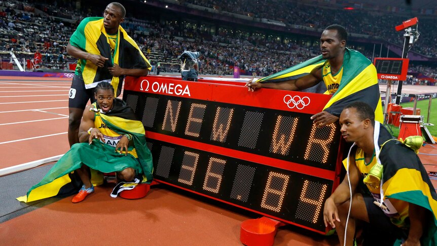 The Jamaican 4x100m relay team with their new world record.