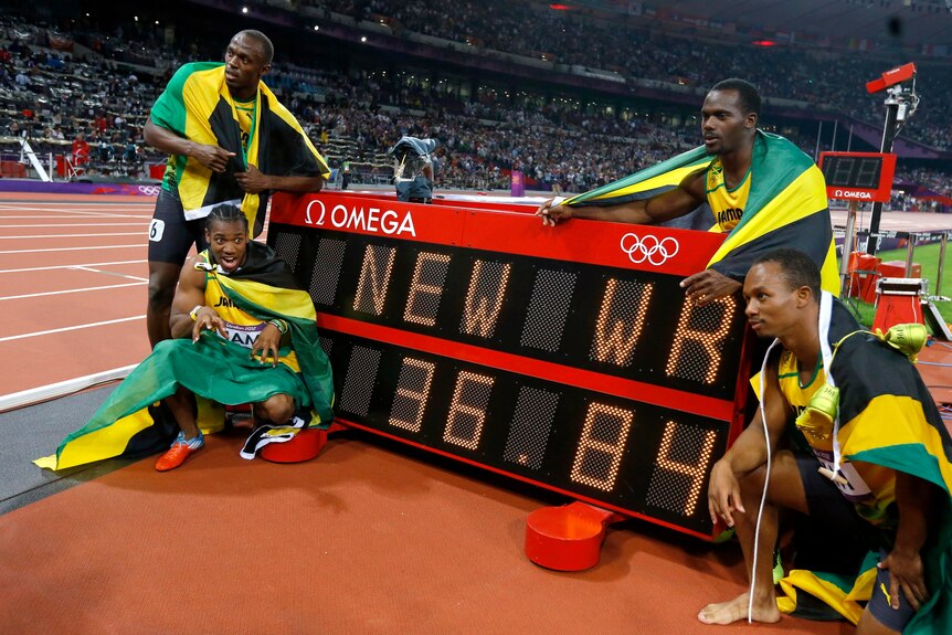 The Jamaican 4x100m relay team with their new world record.