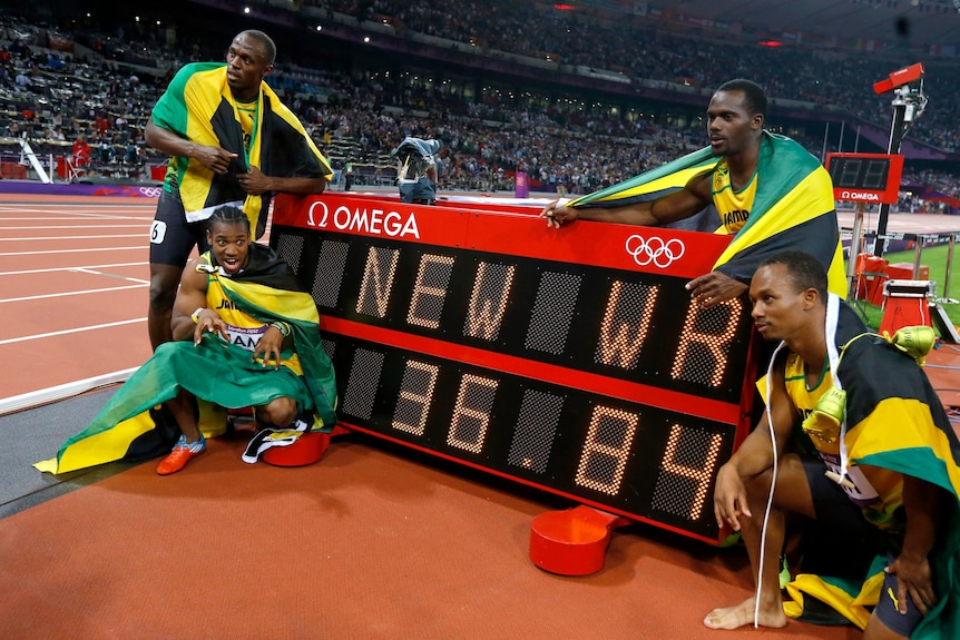 The Jamaican 4x100m relay team with their new world record.