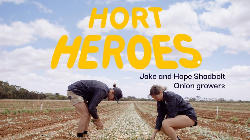 Title card shows text: "Hort Heroes: Jake and Hope Shadbolt, onion growers"