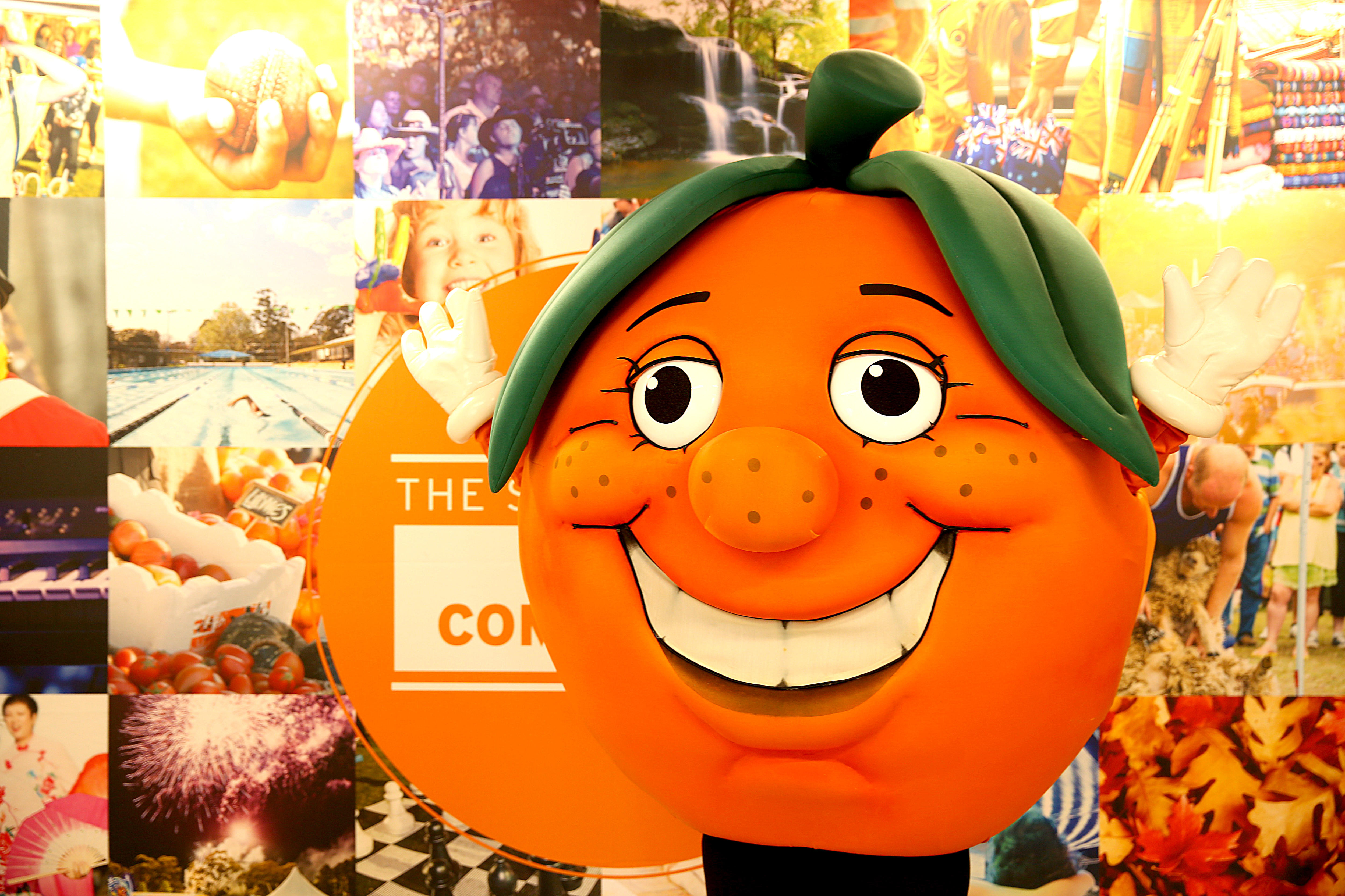 A person in a giant orange costume.