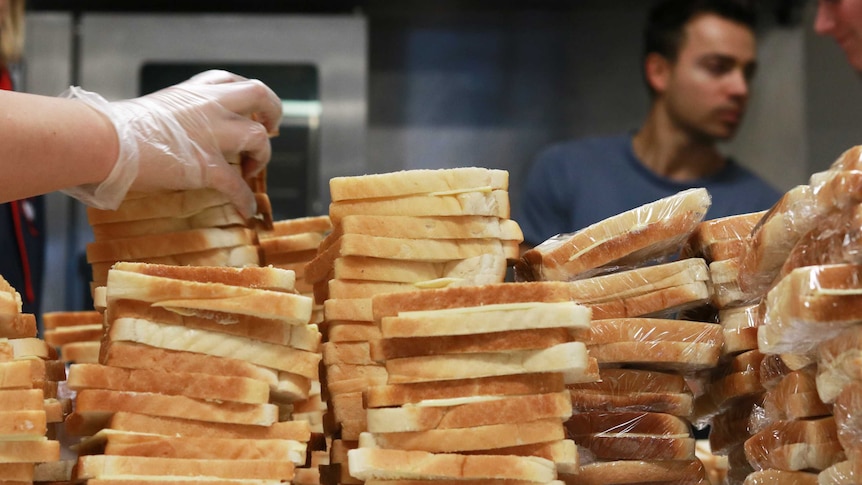 tall stacks of vegemite and cheese sandwiches