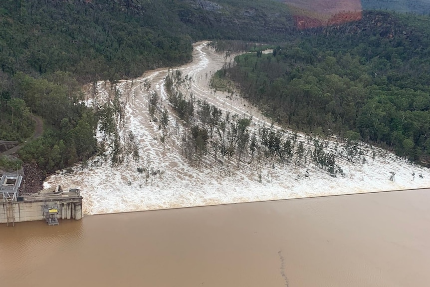 water overflowing from warragamba dam in new south wales after heavy rains