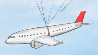 A drawing of a plane with a parachute holding it up