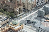 Aerial shot showing Melbourne's Flinders St Station, Federation Square and St Pauls Cathedral