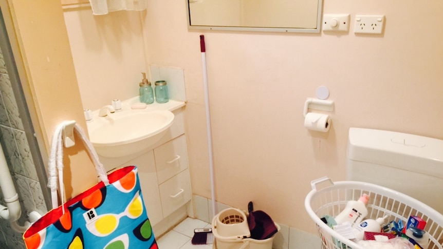 Cleaning items and toiletries placed in the bathroom for families to use once they move in.