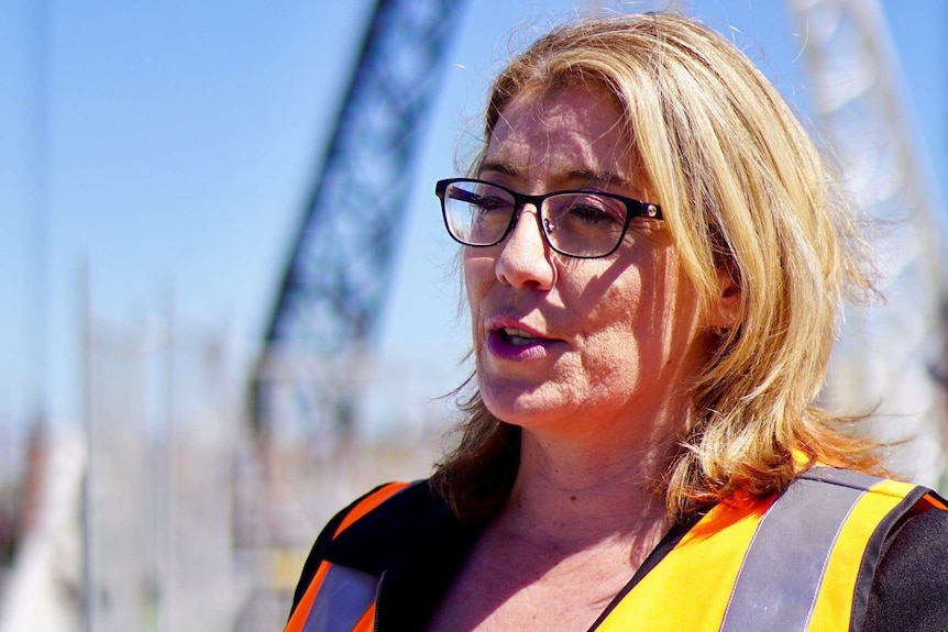 Rita Saffioti with the partly constructed Perth Stadium pedestrian bridge in the background.