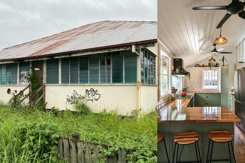 Left image: house with graffiti and overgrown yard. Left image: renovated kitchen