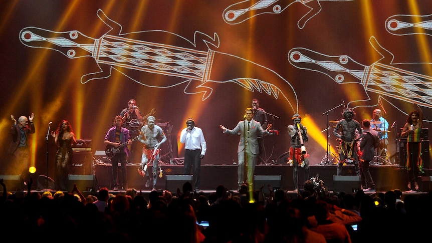 Paul Kelly, Jessica Mauboy, Dan Sultan, Andrew Farriss and Peter Garrett perform with Yothu Yindi at the 2012 ARIAs.
