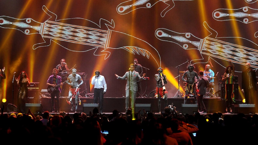 Paul Kelly, Jessica Mauboy, Dan Sultan, Andrew Farriss and Peter Garrett perform with Yothu Yindi at the ARIA Awards 29/11/2012