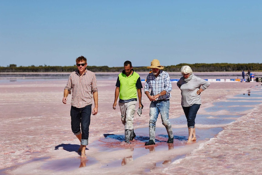 Four people walk on Pink Lake's surface.