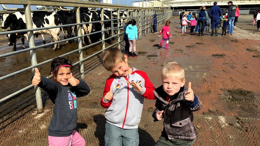 Foundation students pose at a dairy farm.