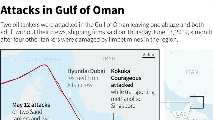A map detail showing recent attacks on oil tankers in the Gulf of Oman.