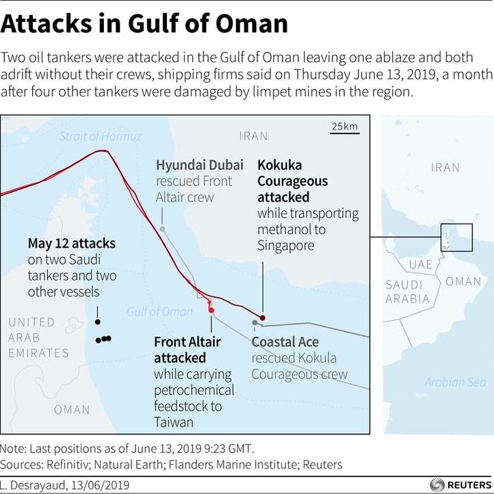 A map detail showing recent attacks on oil tankers in the Gulf of Oman.