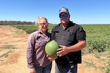 A couple stand on a paddock holding a watermelon
